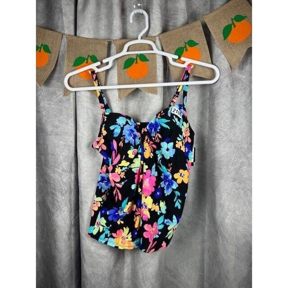 Island Escape Other - Island Escape Womens Black Floral Print Underwire Tankini Swim Top 6 BHFO 3527
